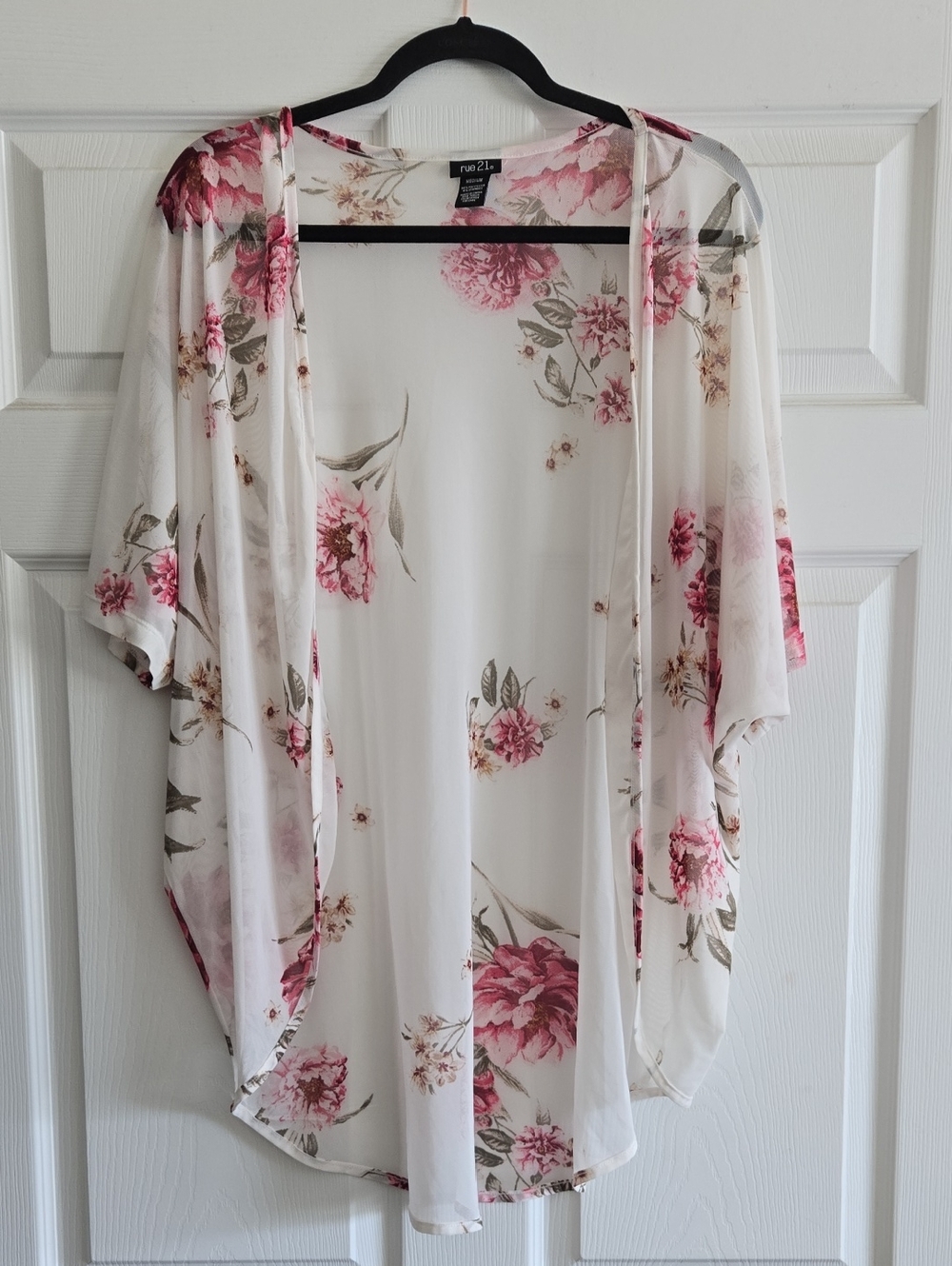 Rue21 White Floral Open-Front Kimono with Pink Blooms